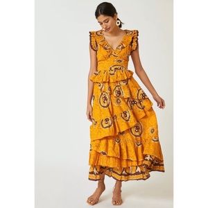 Anthropologie Gigi Gold Ruffled Boho Maxi Dress - Size M